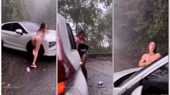 Cibelly Ferreira toda molhada devido à chuva, com uma calcinha socada no bumbum