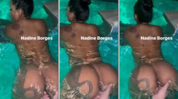 Nadine Borges, famosa do OnlyFans, fazendo um vídeo sensual na piscina com seu parceiro