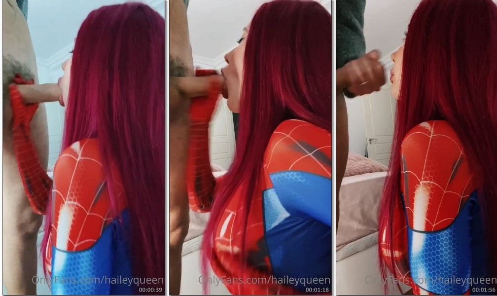 Hailey Queen arrasando como Spider-Woman, fazendo um oral e tomando todo o leitinho