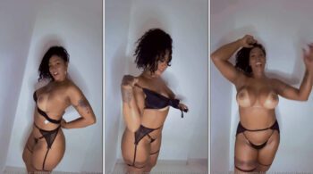 Rosiane Pinheiro fazendo um strip-tease sensual no OnlyFans com uma expressão provocante