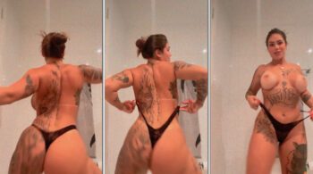 Mulher tatuada rebolando com pouca roupa e exibindo o bumbum