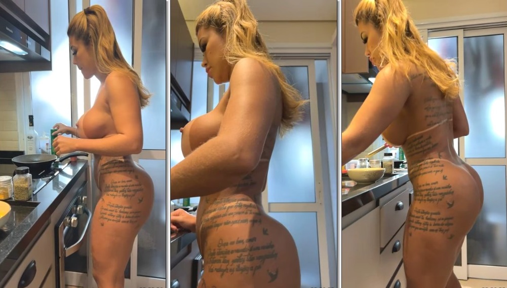 Cris Galera arrasando na cozinha, exibindo sua bela e avantajada bunda enquanto cozinha sem roupa