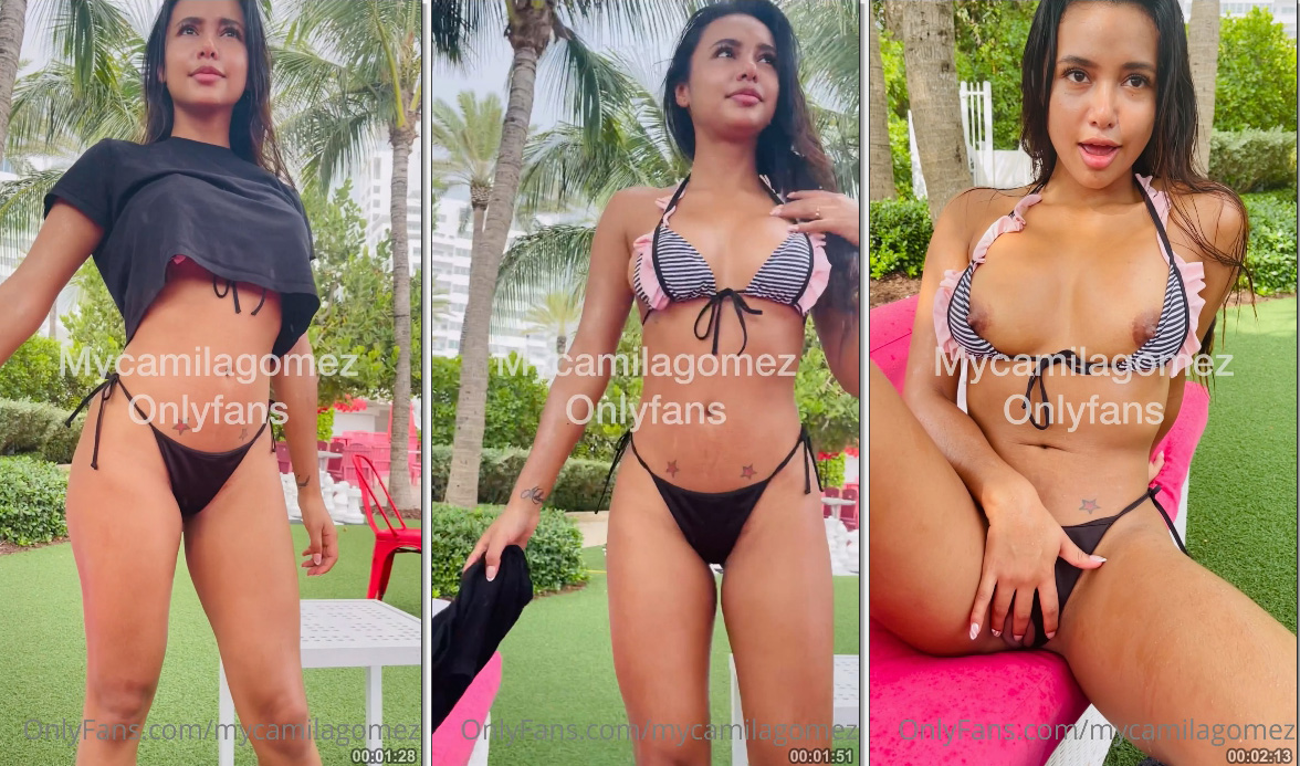 Celebridade do onlyfans, Camila Gomez, se divertindo com biquíni sexy enquanto aproveita o sol no quintal