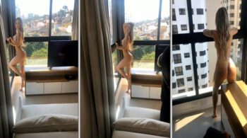 Rute Rocha, a musa do OnlyFans, se exibindo nua na sala com vista para as janelas