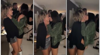 Karlyane Menezes trocando beijos com uma amiga atraente em uma festa exclusiva