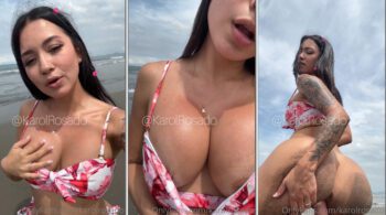 Karol Rosado, a jovem estrela do OnlyFans, se divertindo na praia com um brinquedo grande enquanto grava seus vídeos íntimos