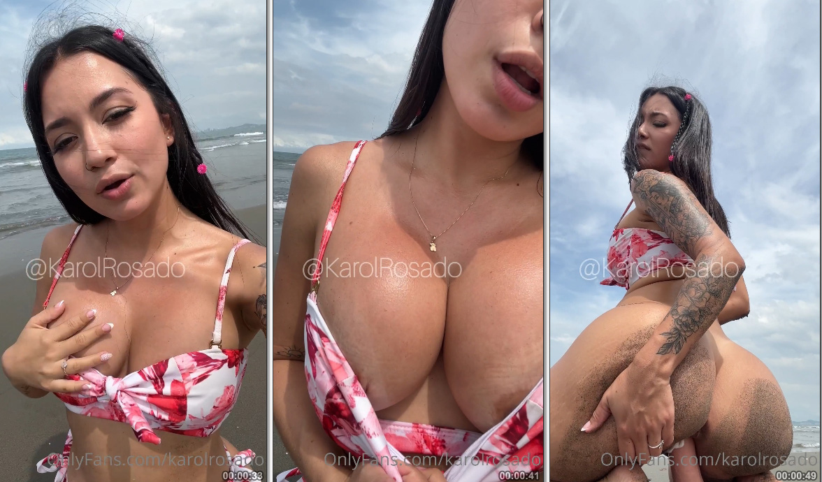 Karol Rosado, a jovem estrela do OnlyFans, se divertindo na praia com um brinquedo grande enquanto grava seus vídeos íntimos