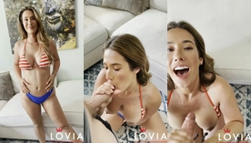 A gatinha Eva Lovia, uma norte-americana deliciosa, fazendo um sexo oral e levando um jato de esperma nas teta