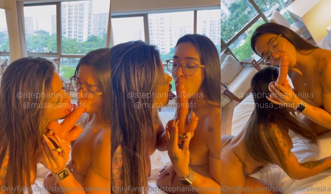 Stephanie Silveira e Amirafit aparecendo em vídeos do OnlyFans interagindo com um brinquedo adulto de forma íntima