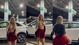 Karlyane Menezes no posto de gasolina, exibindo as teta e o bumbum, dançando e levantando a saia