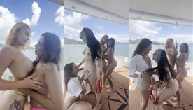 Kinechan e suas amigas sensuais se divertindo juntas sem roupa na lancha do homem mais velho e rico