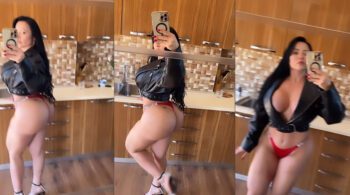 Sheyla Mell, a morena, exibindo um decote e com a calcinha marcando bem o bumbum