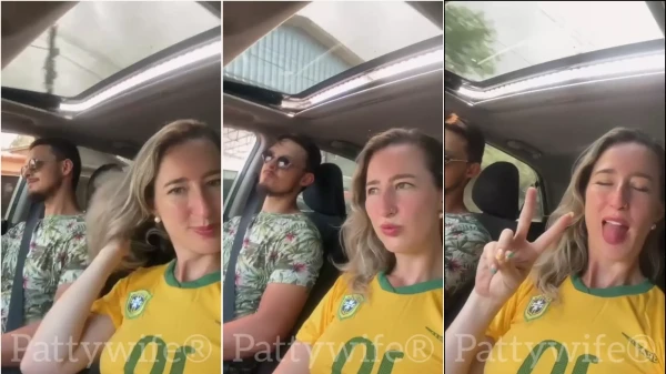 Patrícia, uma esposa brasileira, mostrando as teta naturais enquanto está no carro