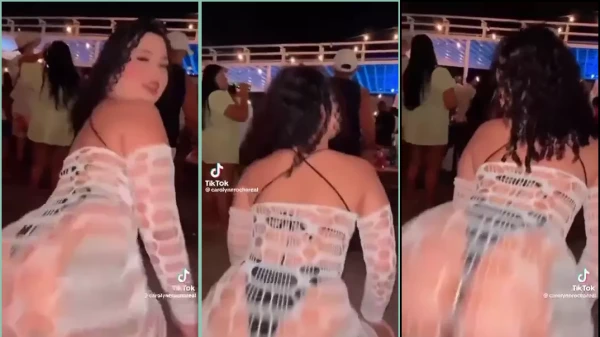 Carolayne Rocha dançando com animação na festa exibindo sua sensualidade com muito "swag"