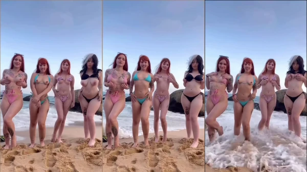 Leticia Yuni e suas amigas causaram alvoroço mostrando as teta na praia